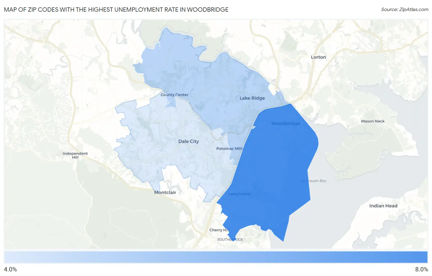 Zip Codes with the Highest Unemployment Rate in Woodbridge Map