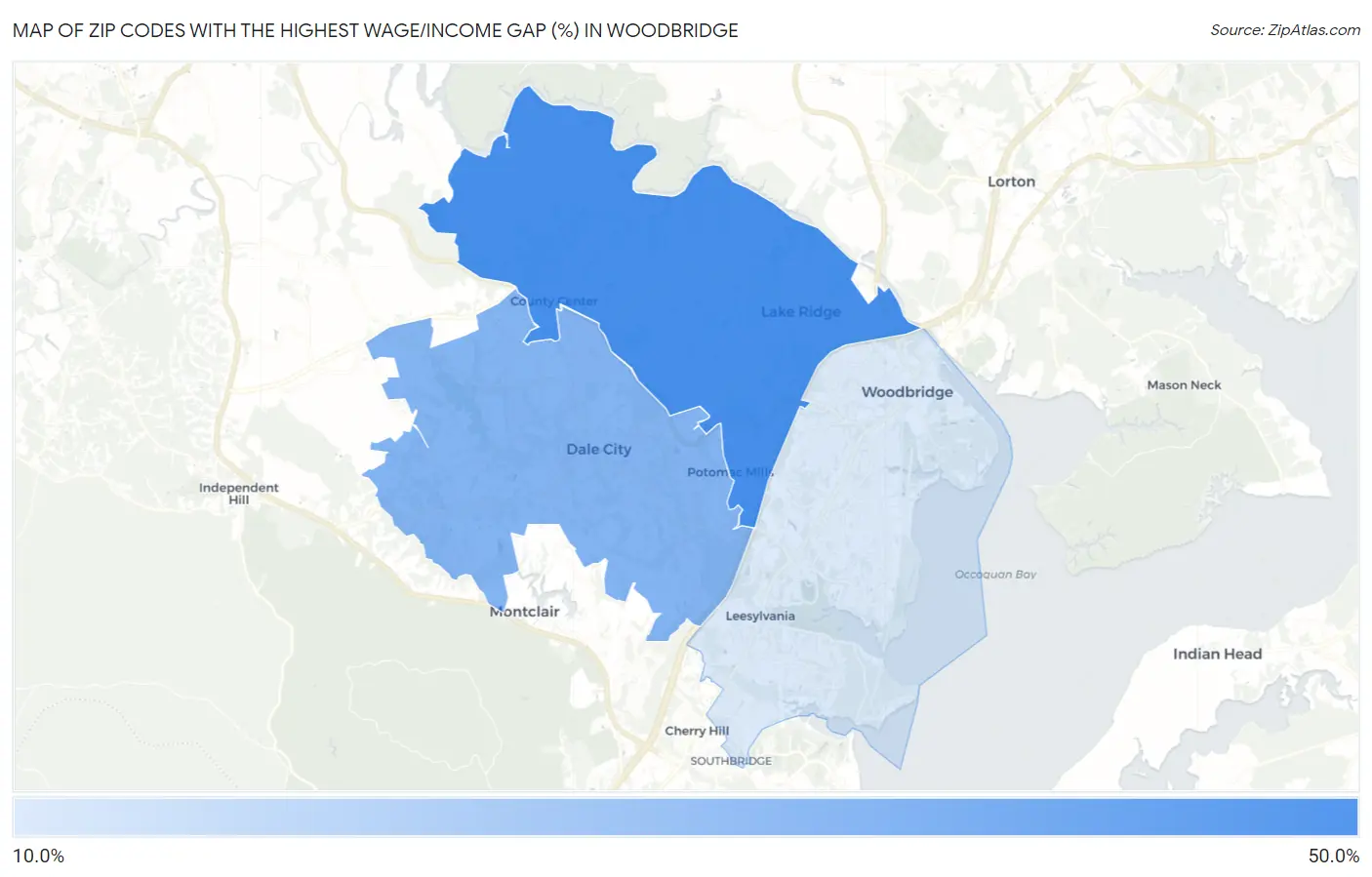 Zip Codes with the Highest Wage/Income Gap (%) in Woodbridge Map