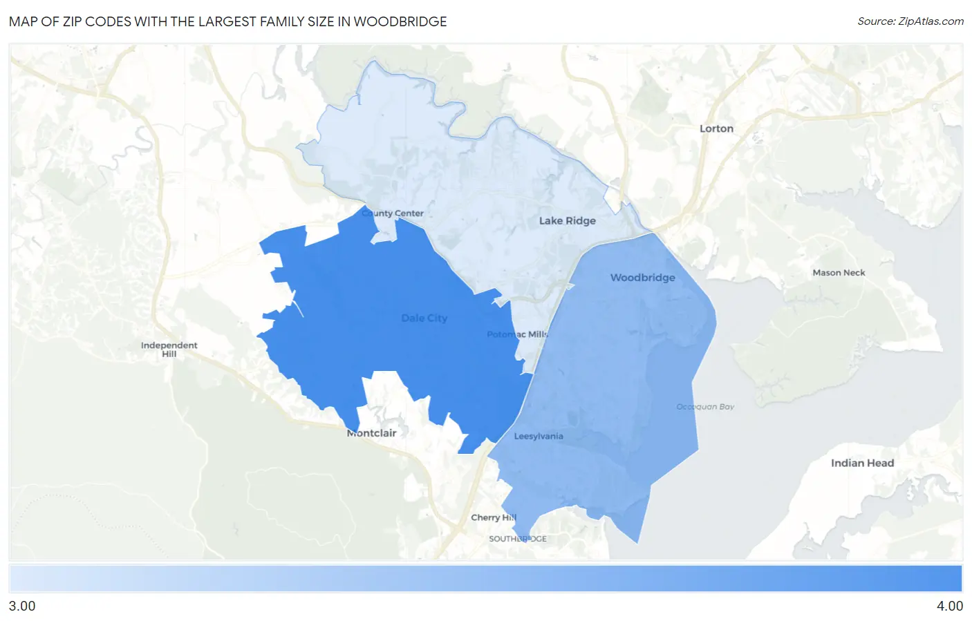 Zip Codes with the Largest Family Size in Woodbridge Map