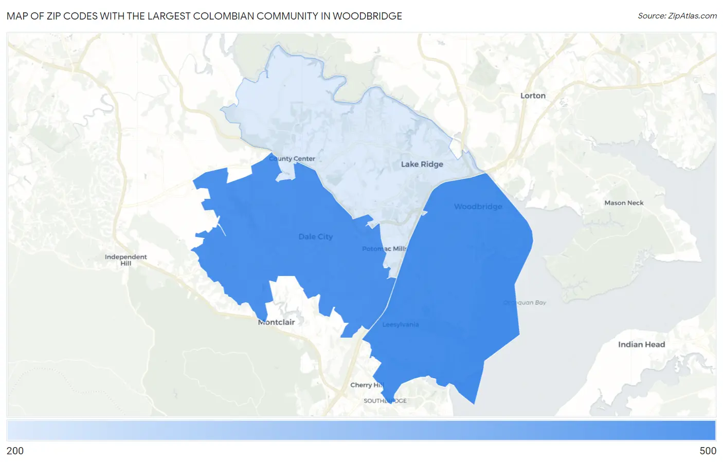 Zip Codes with the Largest Colombian Community in Woodbridge Map