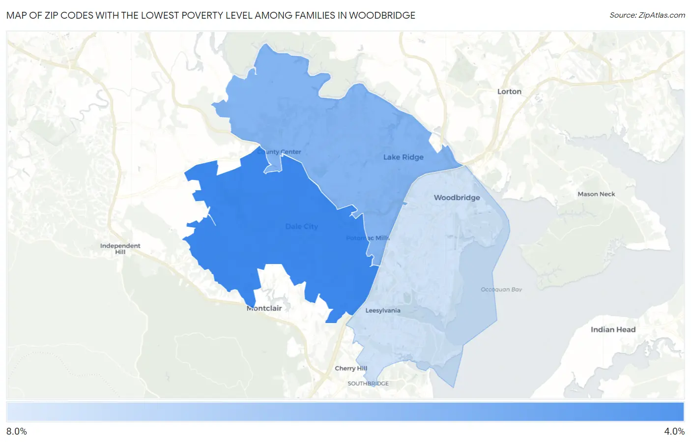 Zip Codes with the Lowest Poverty Level Among Families in Woodbridge Map