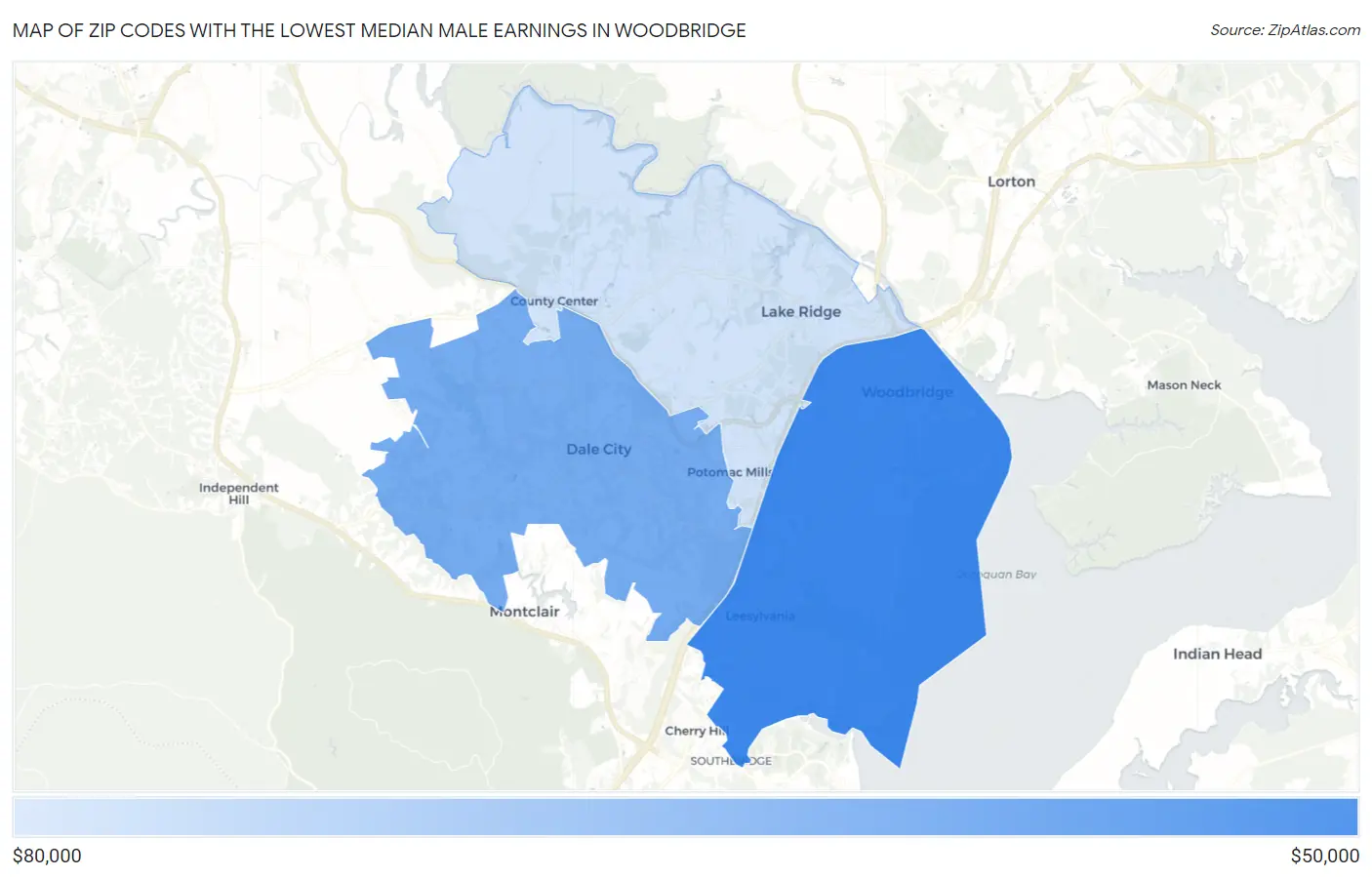 Zip Codes with the Lowest Median Male Earnings in Woodbridge Map