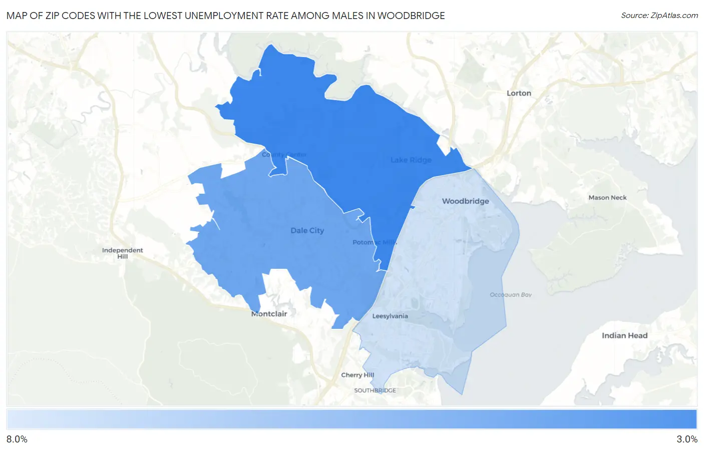 Zip Codes with the Lowest Unemployment Rate Among Males in Woodbridge Map