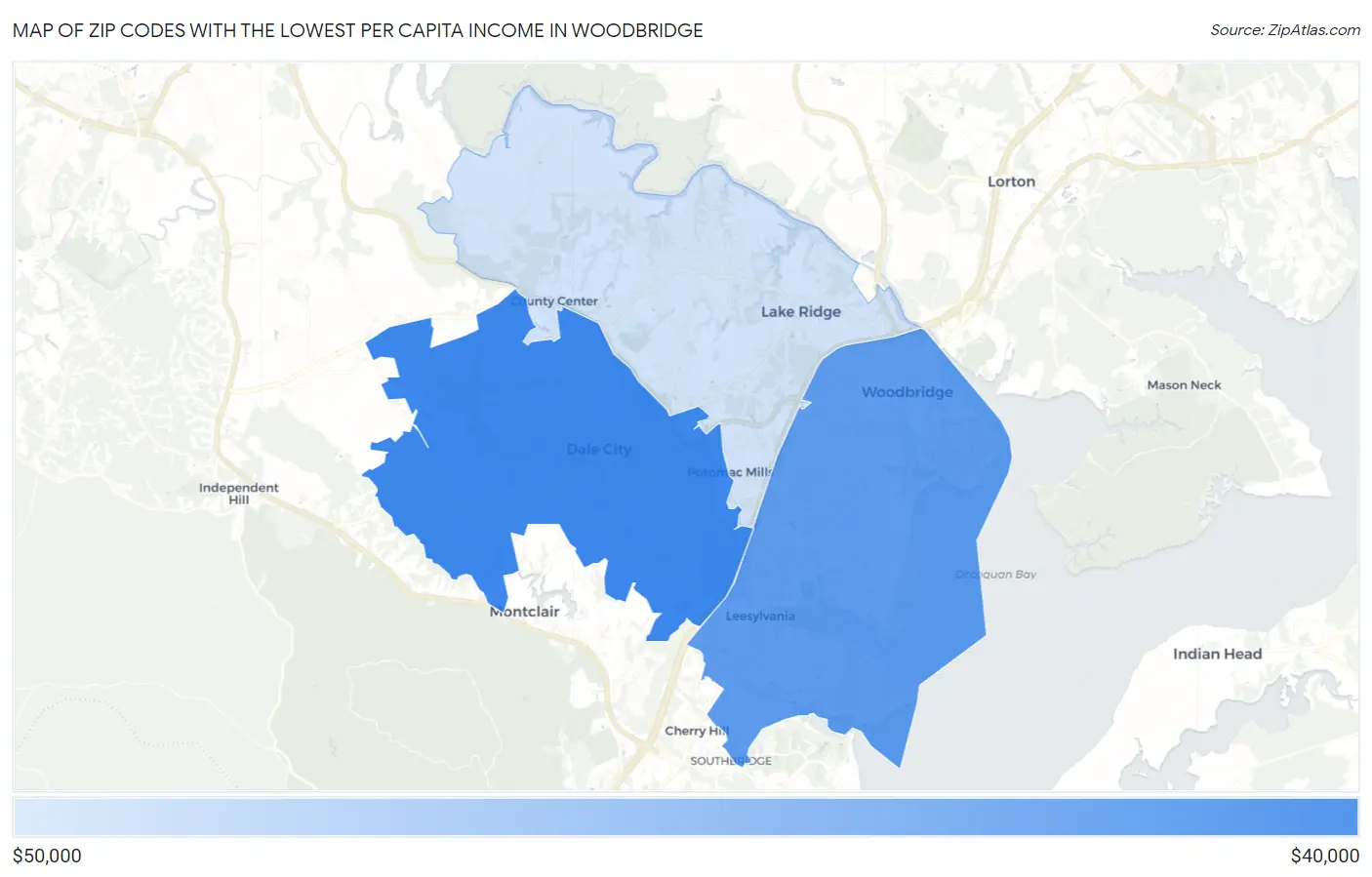 Zip Codes with the Lowest Per Capita Income in Woodbridge Map