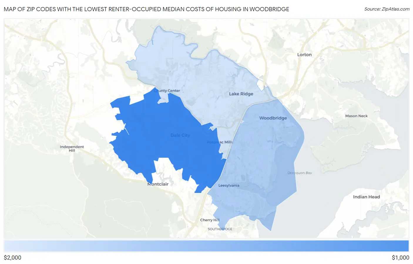 Zip Codes with the Lowest Renter-Occupied Median Costs of Housing in Woodbridge Map