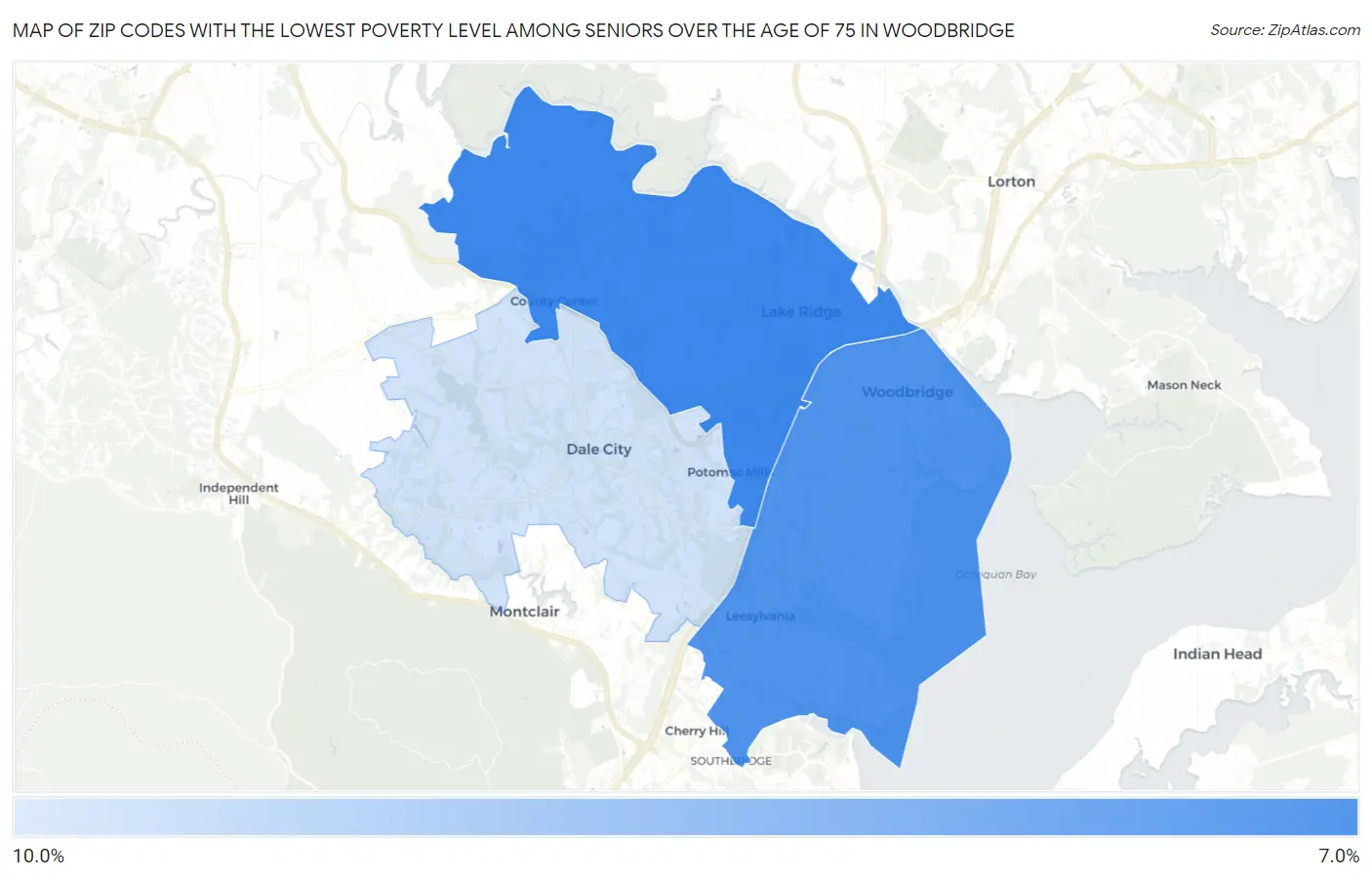 Zip Codes with the Lowest Poverty Level Among Seniors Over the Age of 75 in Woodbridge Map