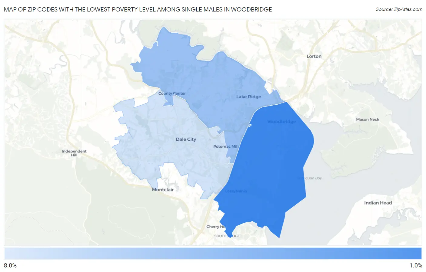 Zip Codes with the Lowest Poverty Level Among Single Males in Woodbridge Map