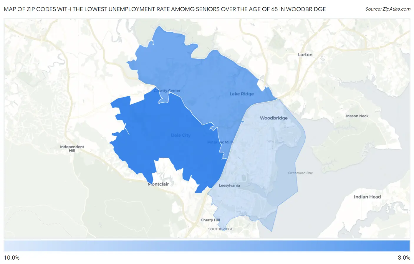 Zip Codes with the Lowest Unemployment Rate Amomg Seniors Over the Age of 65 in Woodbridge Map