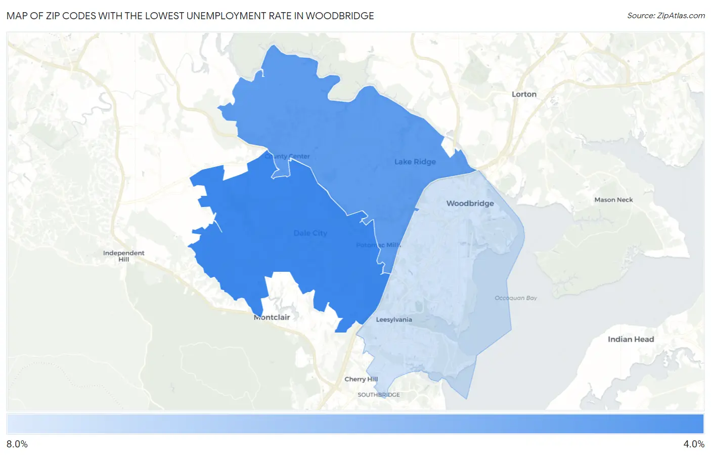Zip Codes with the Lowest Unemployment Rate in Woodbridge Map