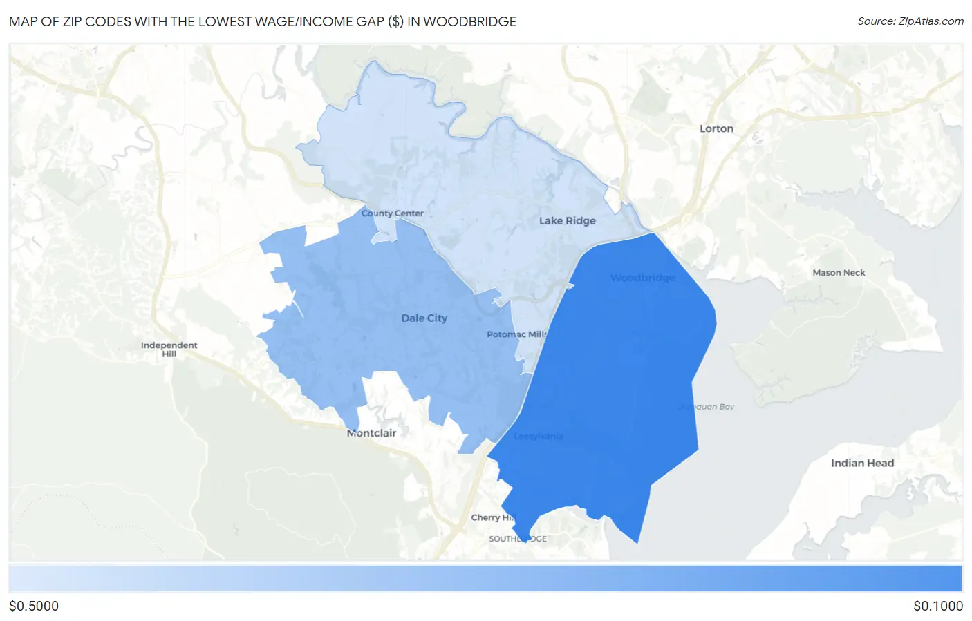 Zip Codes with the Lowest Wage/Income Gap ($) in Woodbridge Map