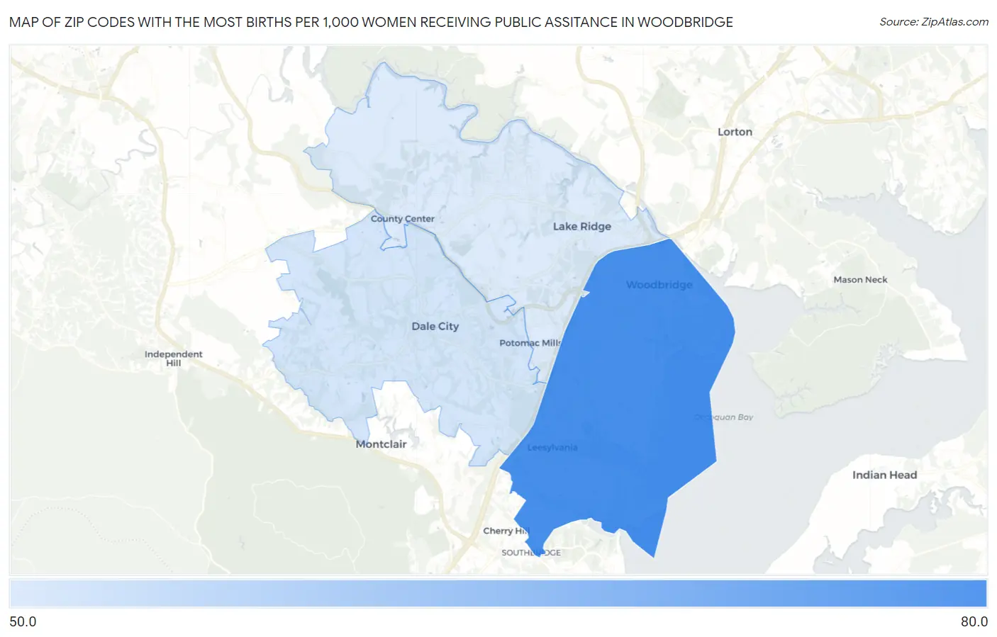 Zip Codes with the Most Births per 1,000 Women Receiving Public Assitance in Woodbridge Map