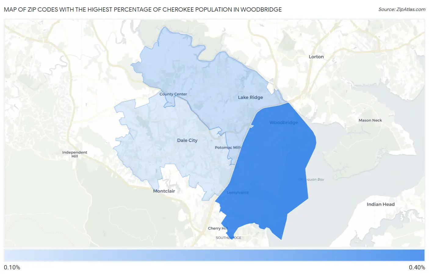 Zip Codes with the Highest Percentage of Cherokee Population in Woodbridge Map