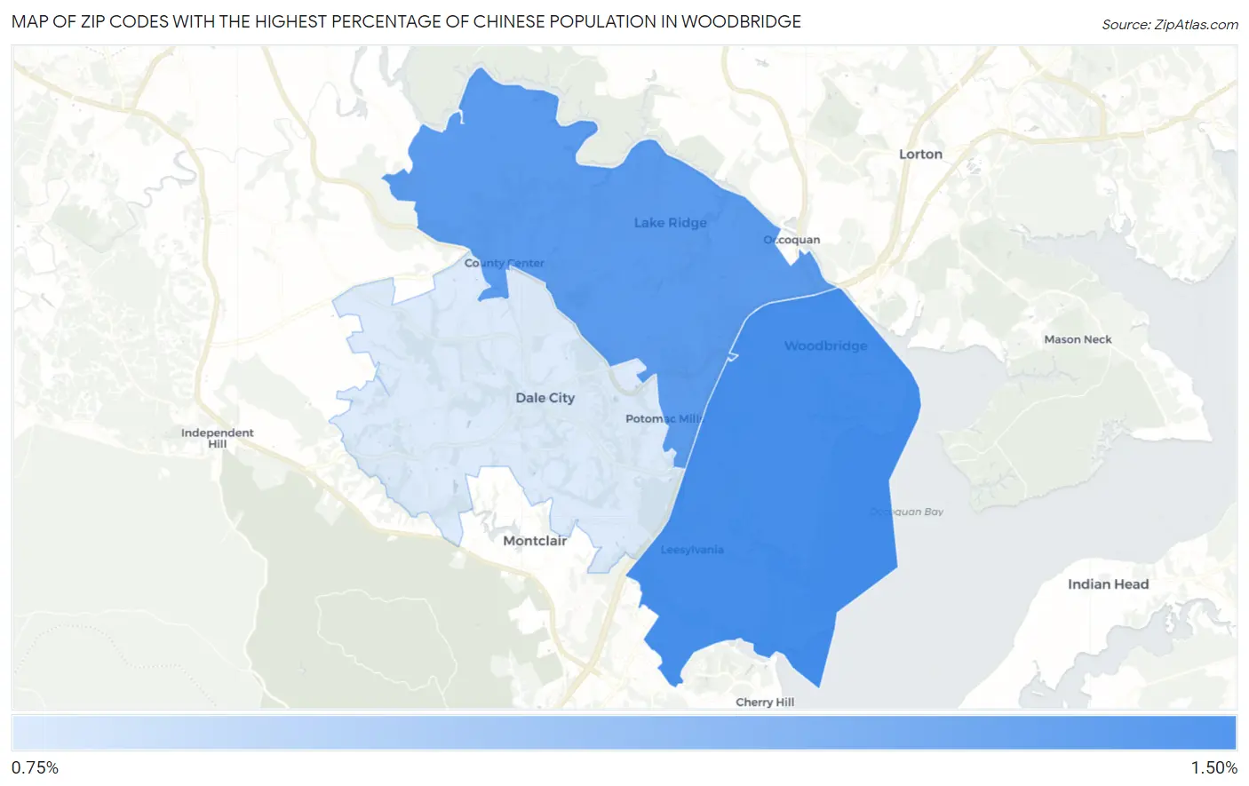 Zip Codes with the Highest Percentage of Chinese Population in Woodbridge Map