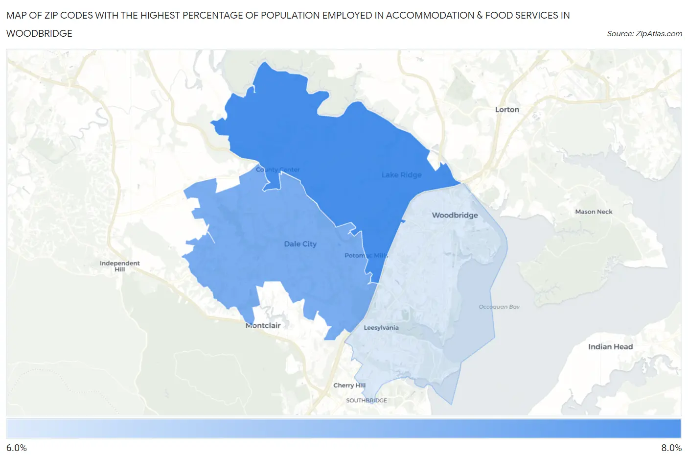 Zip Codes with the Highest Percentage of Population Employed in Accommodation & Food Services in Woodbridge Map