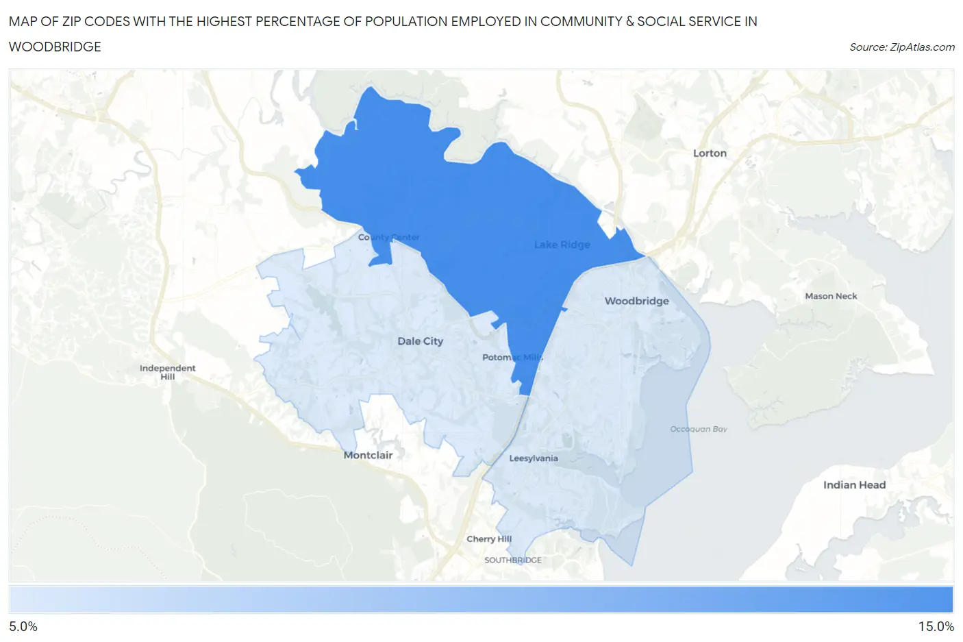 Zip Codes with the Highest Percentage of Population Employed in Community & Social Service  in Woodbridge Map