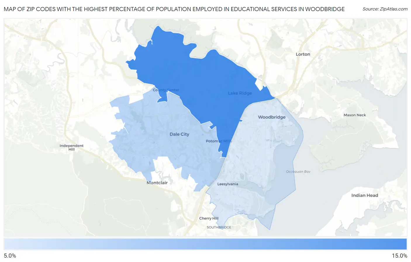 Zip Codes with the Highest Percentage of Population Employed in Educational Services in Woodbridge Map