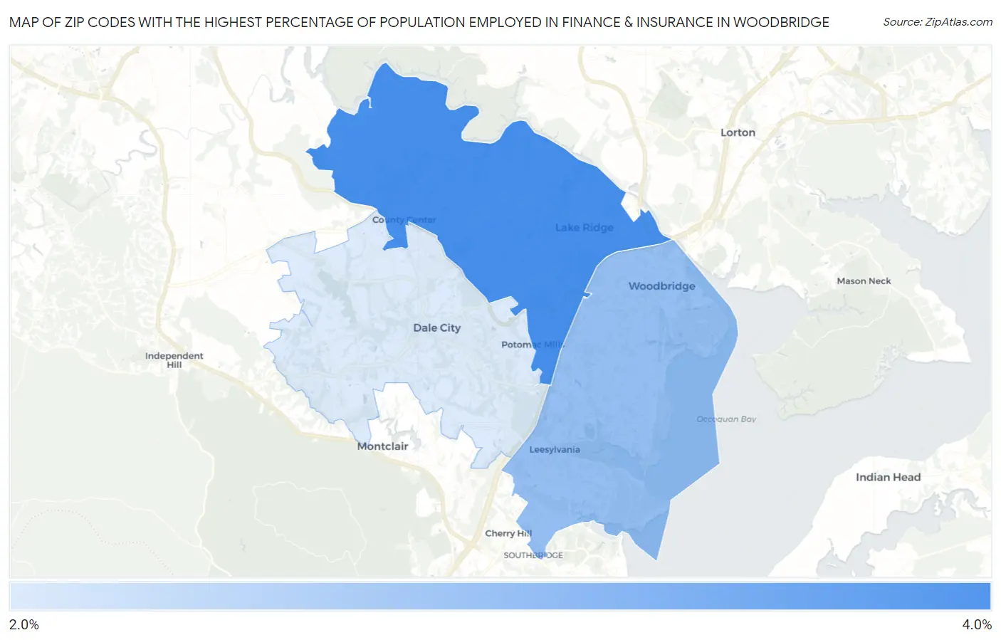 Zip Codes with the Highest Percentage of Population Employed in Finance & Insurance in Woodbridge Map