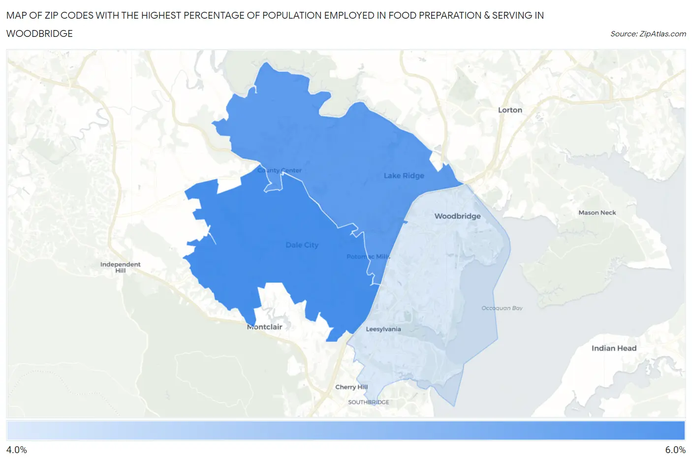Zip Codes with the Highest Percentage of Population Employed in Food Preparation & Serving in Woodbridge Map