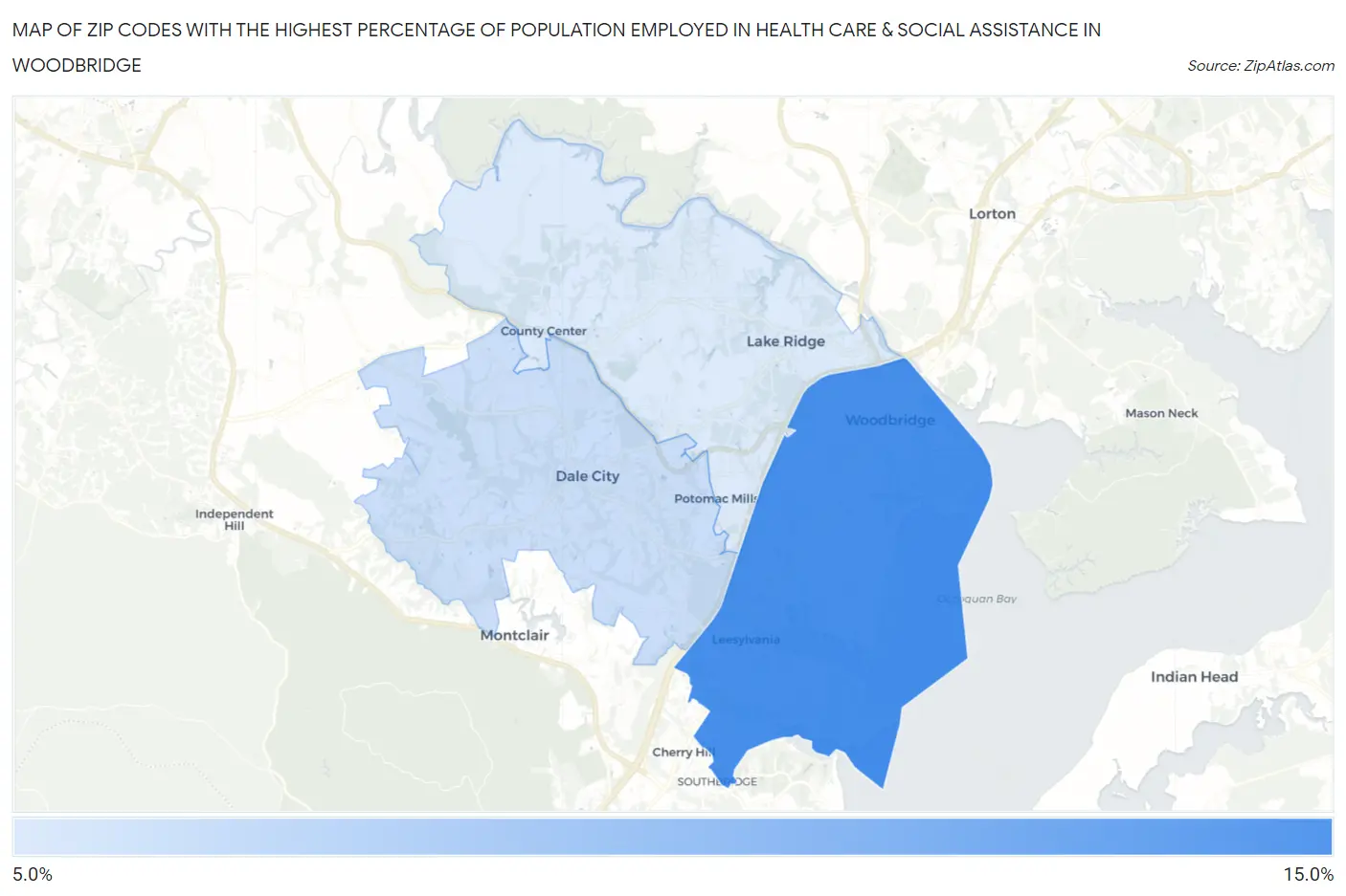 Zip Codes with the Highest Percentage of Population Employed in Health Care & Social Assistance in Woodbridge Map