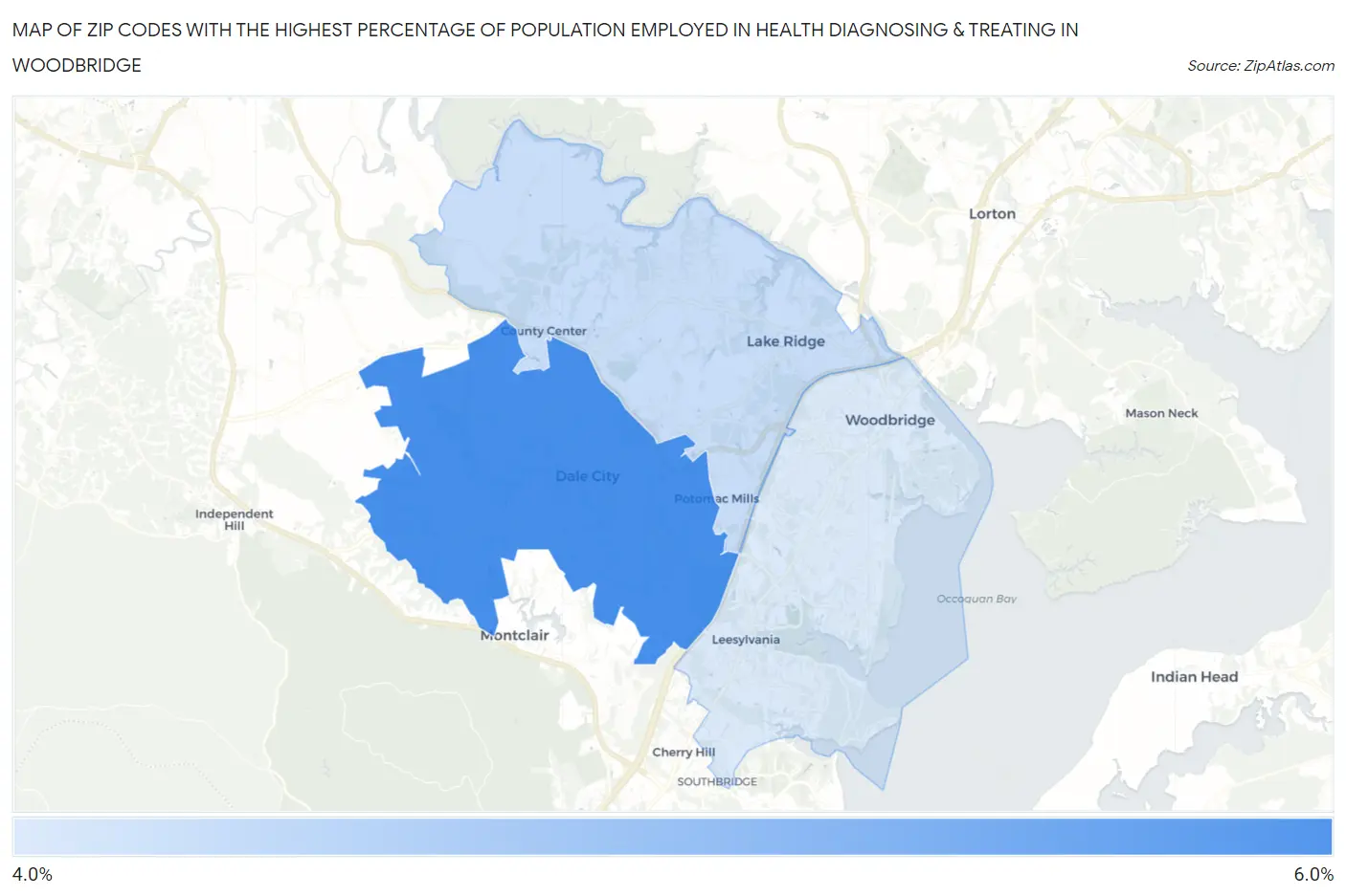 Zip Codes with the Highest Percentage of Population Employed in Health Diagnosing & Treating in Woodbridge Map