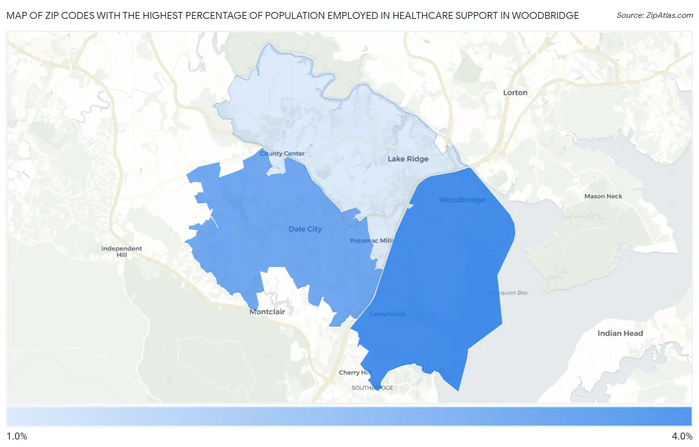 Zip Codes with the Highest Percentage of Population Employed in Healthcare Support in Woodbridge Map