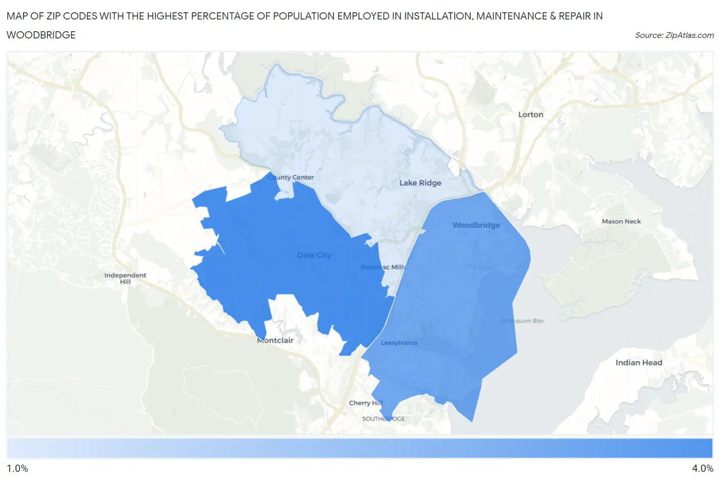 Zip Codes with the Highest Percentage of Population Employed in Installation, Maintenance & Repair in Woodbridge Map