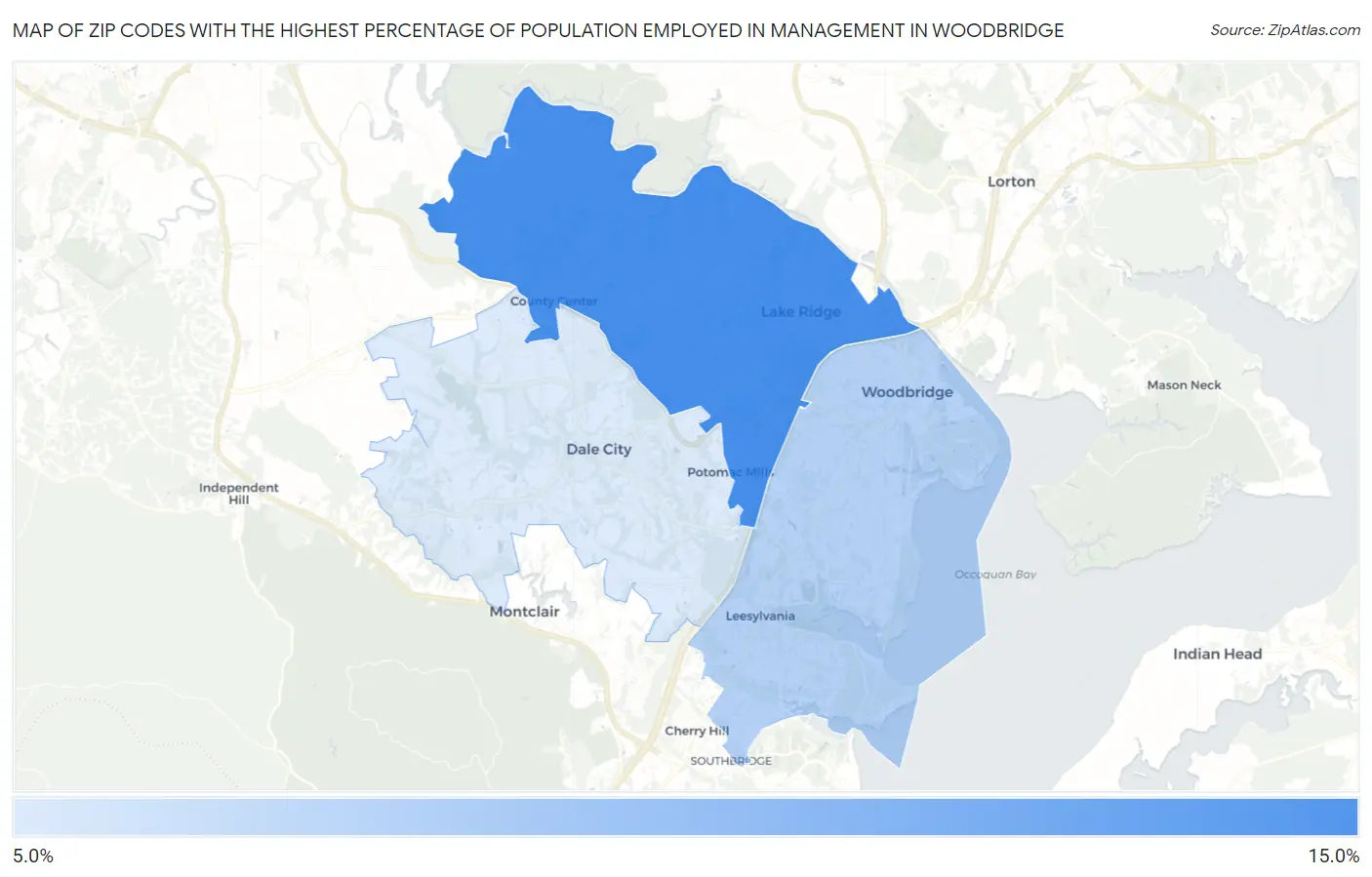 Zip Codes with the Highest Percentage of Population Employed in Management in Woodbridge Map