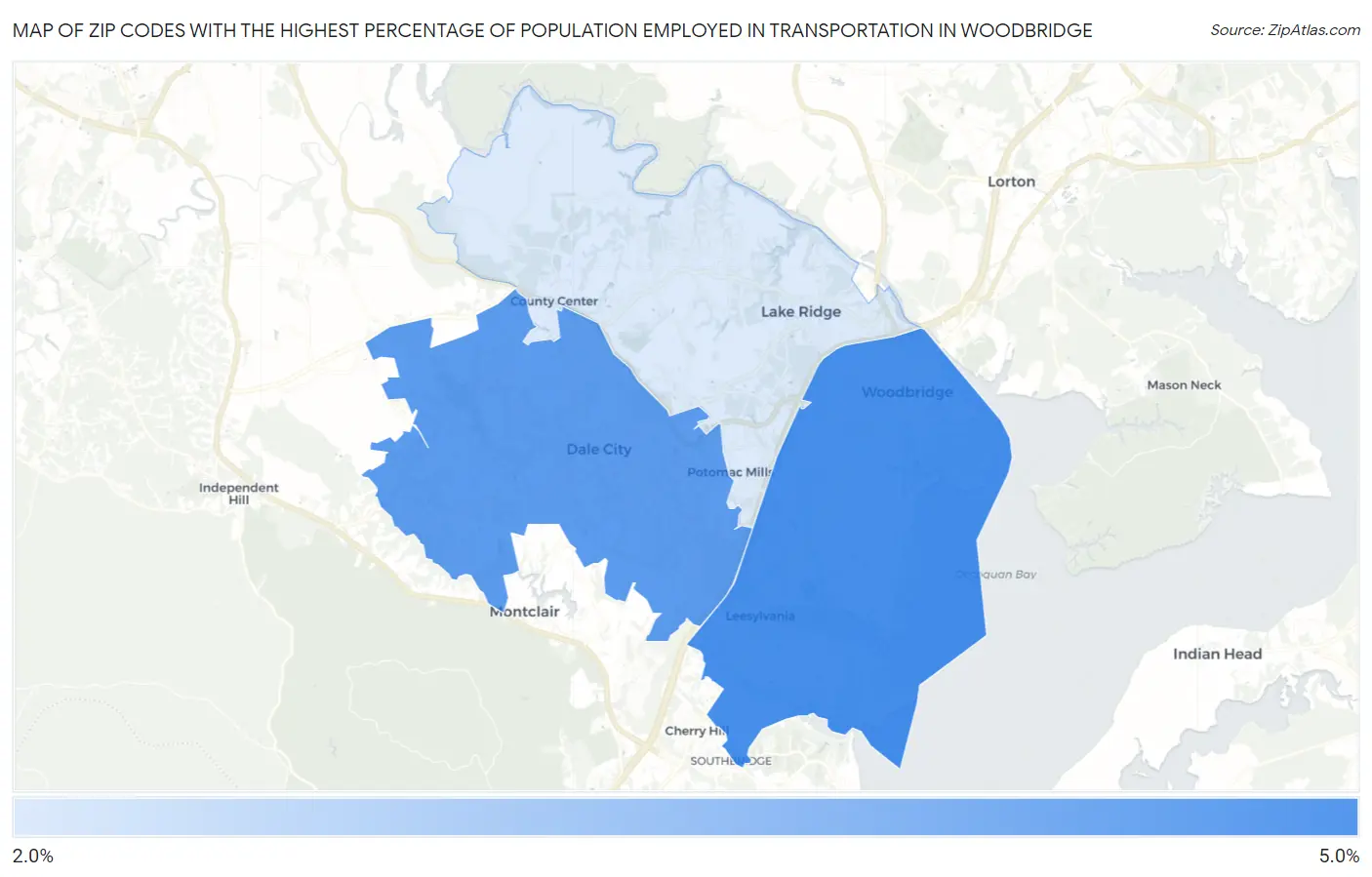 Zip Codes with the Highest Percentage of Population Employed in Transportation in Woodbridge Map