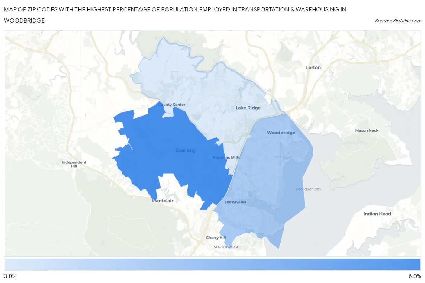 Zip Codes with the Highest Percentage of Population Employed in Transportation & Warehousing in Woodbridge Map