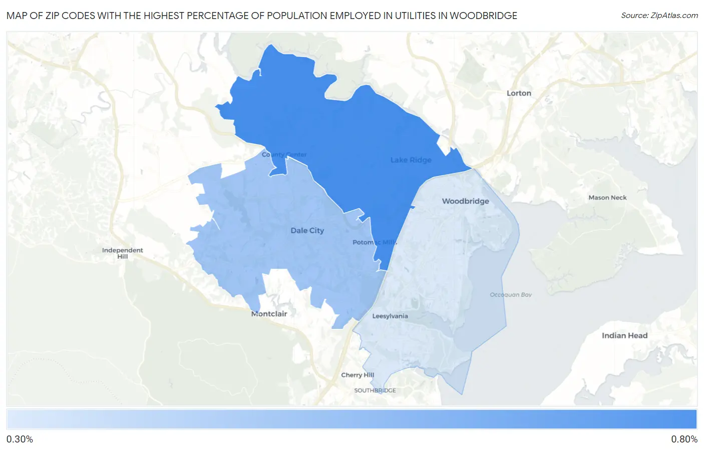 Zip Codes with the Highest Percentage of Population Employed in Utilities in Woodbridge Map