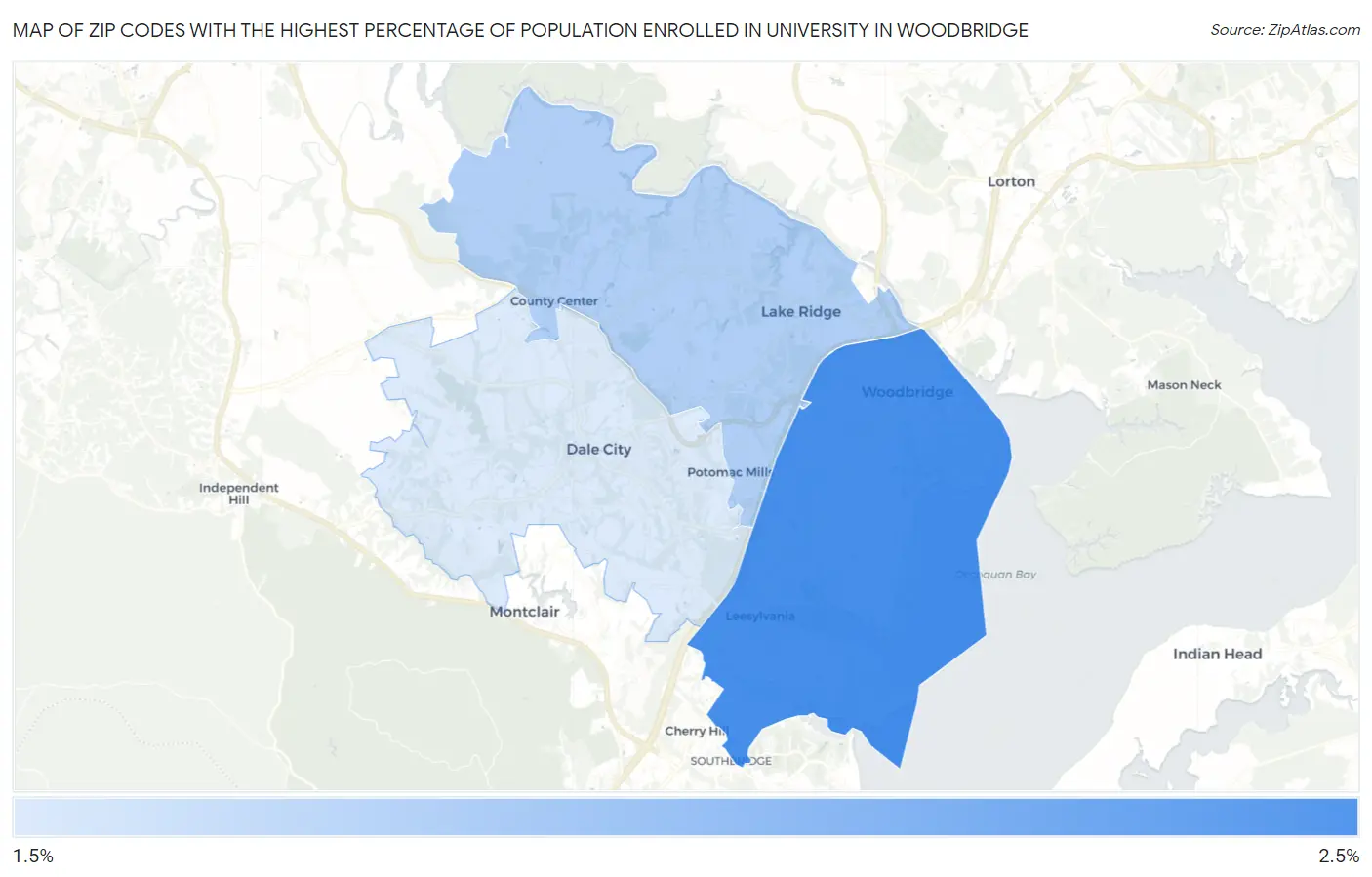 Zip Codes with the Highest Percentage of Population Enrolled in University in Woodbridge Map