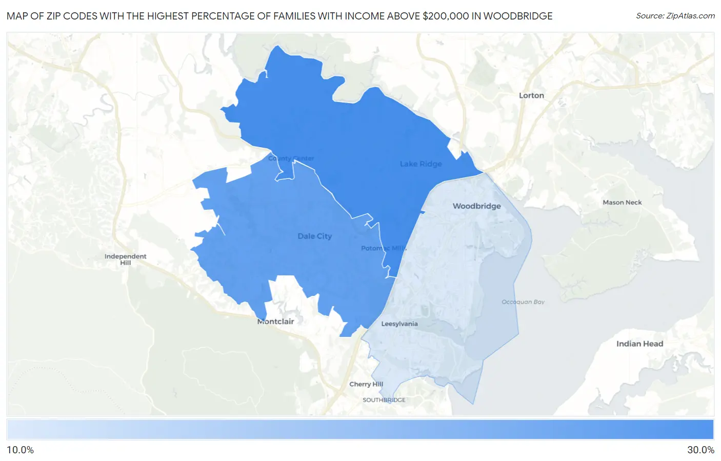 Zip Codes with the Highest Percentage of Families with Income Above $200,000 in Woodbridge Map