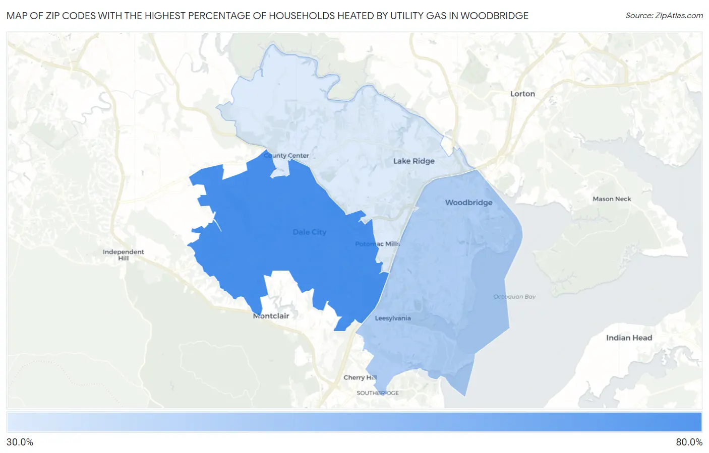 Zip Codes with the Highest Percentage of Households Heated by Utility Gas in Woodbridge Map