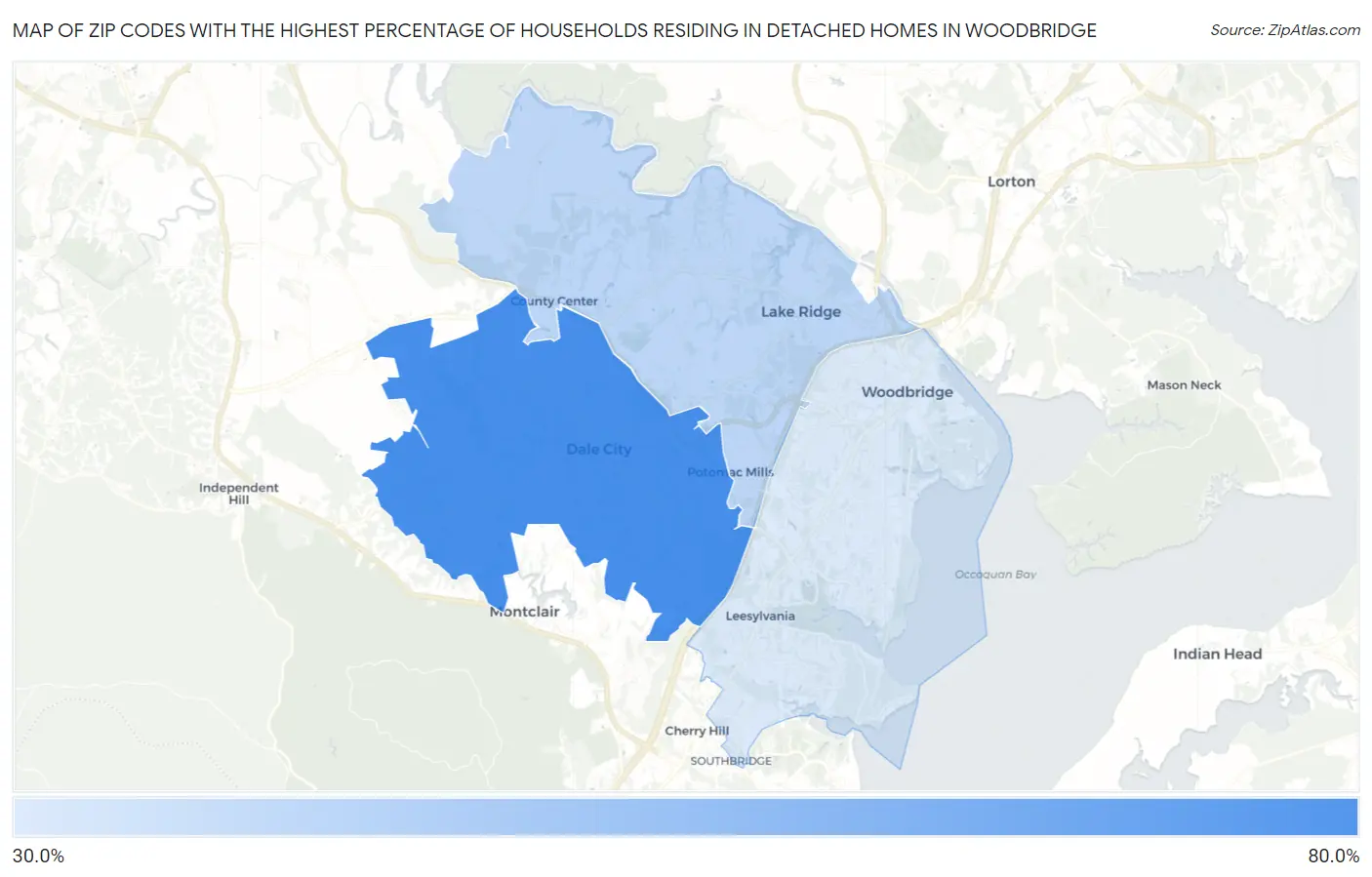 Zip Codes with the Highest Percentage of Households Residing in Detached Homes in Woodbridge Map