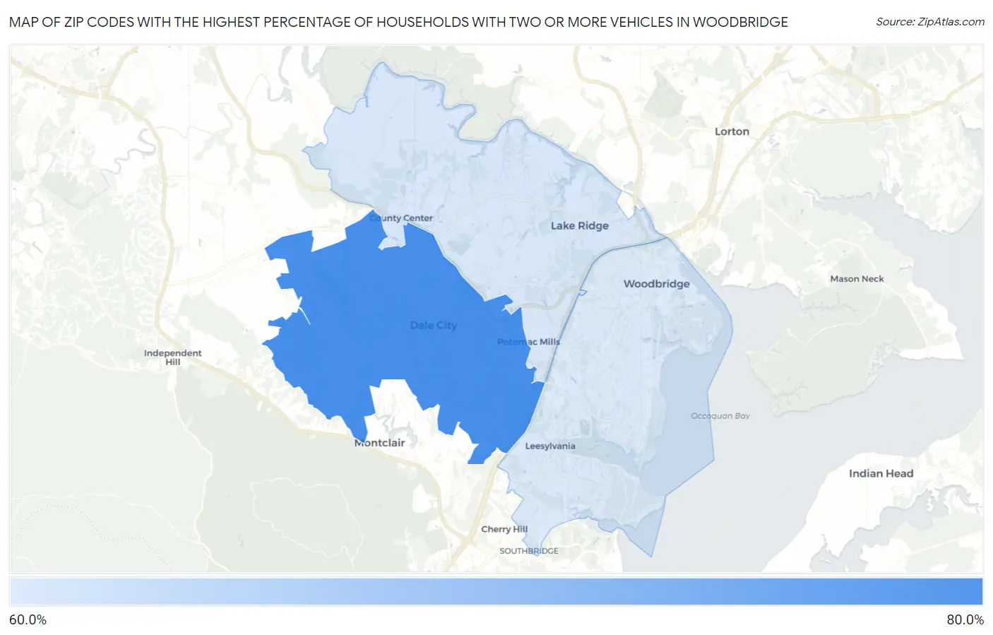 Zip Codes with the Highest Percentage of Households With Two or more Vehicles in Woodbridge Map