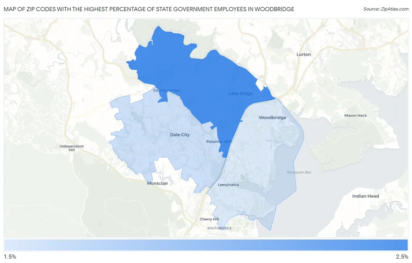 Zip Codes with the Highest Percentage of State Government Employees in Woodbridge Map