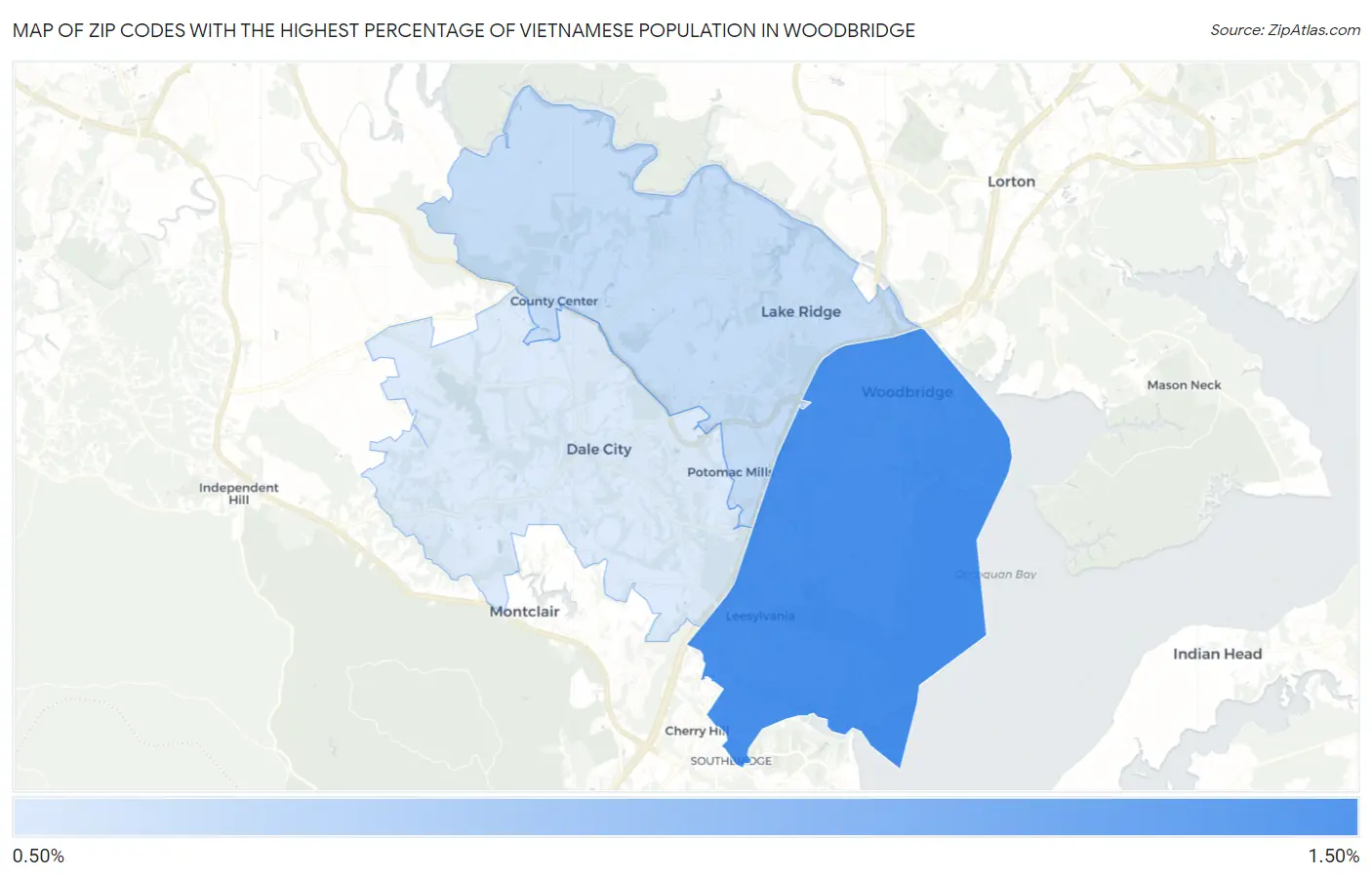 Zip Codes with the Highest Percentage of Vietnamese Population in Woodbridge Map