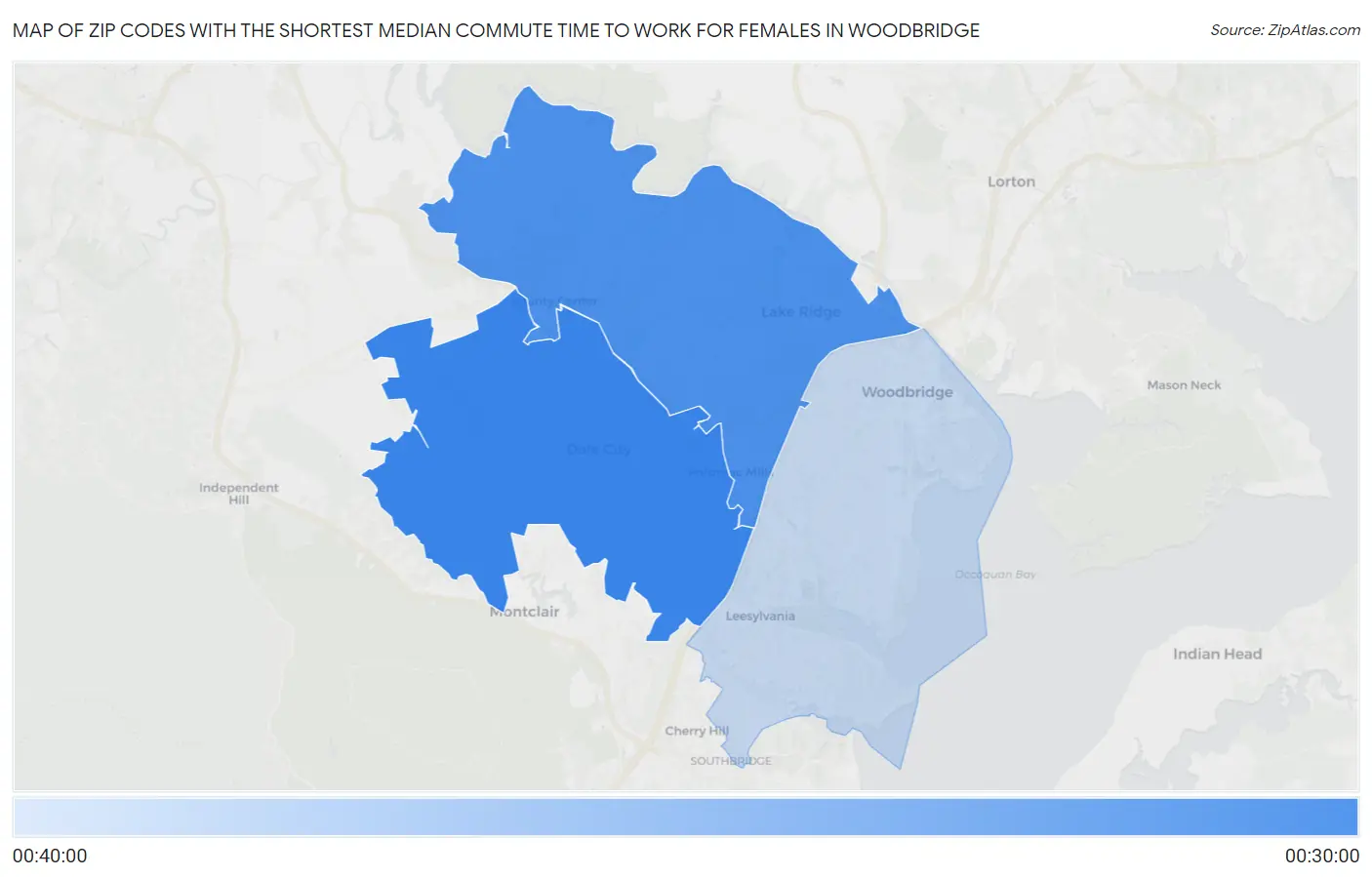 Zip Codes with the Shortest Median Commute Time to Work for Females in Woodbridge Map