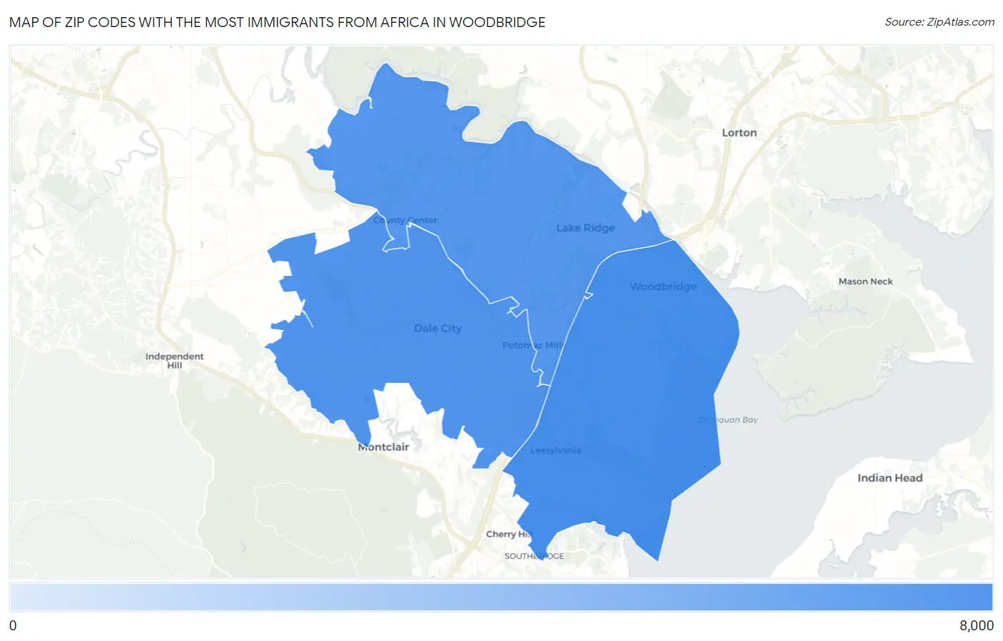 Zip Codes with the Most Immigrants from Africa in Woodbridge Map
