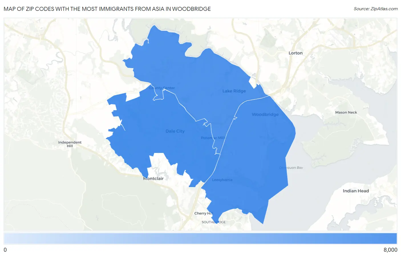 Zip Codes with the Most Immigrants from Asia in Woodbridge Map