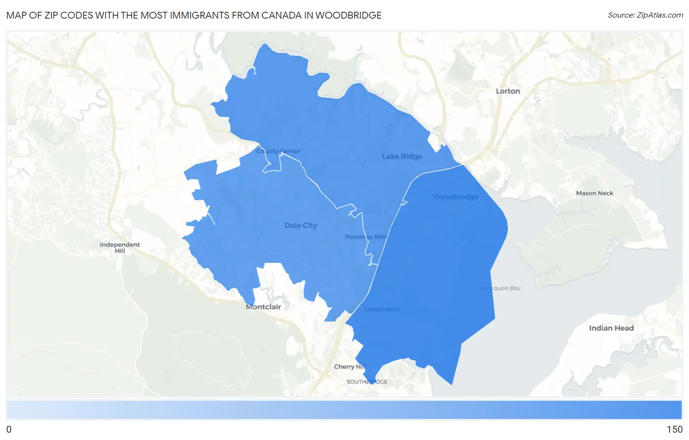 Zip Codes with the Most Immigrants from Canada in Woodbridge Map
