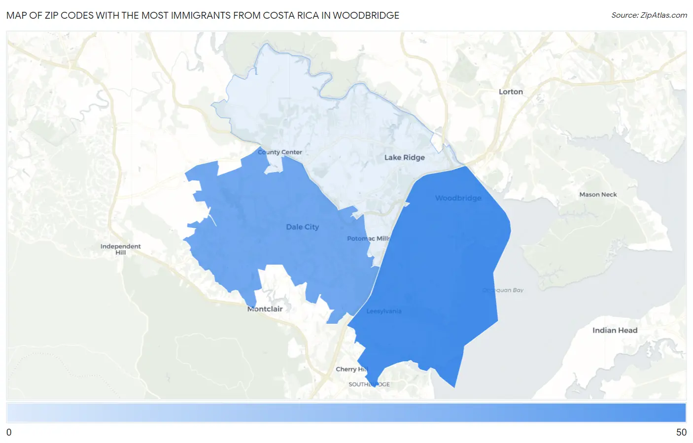 Zip Codes with the Most Immigrants from Costa Rica in Woodbridge Map