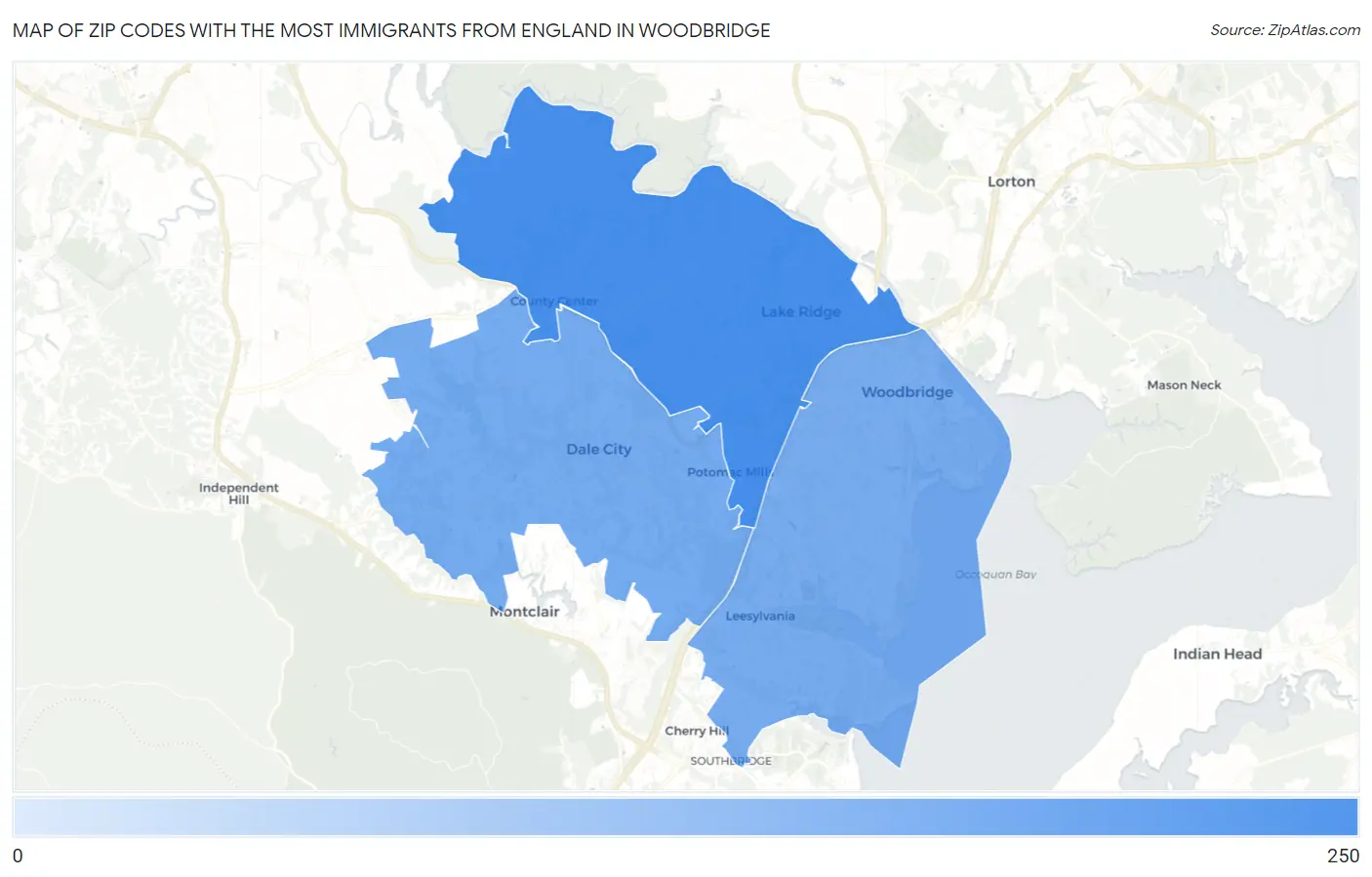 Zip Codes with the Most Immigrants from England in Woodbridge Map