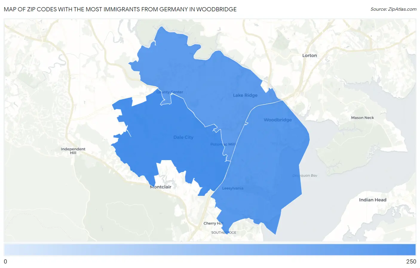 Zip Codes with the Most Immigrants from Germany in Woodbridge Map