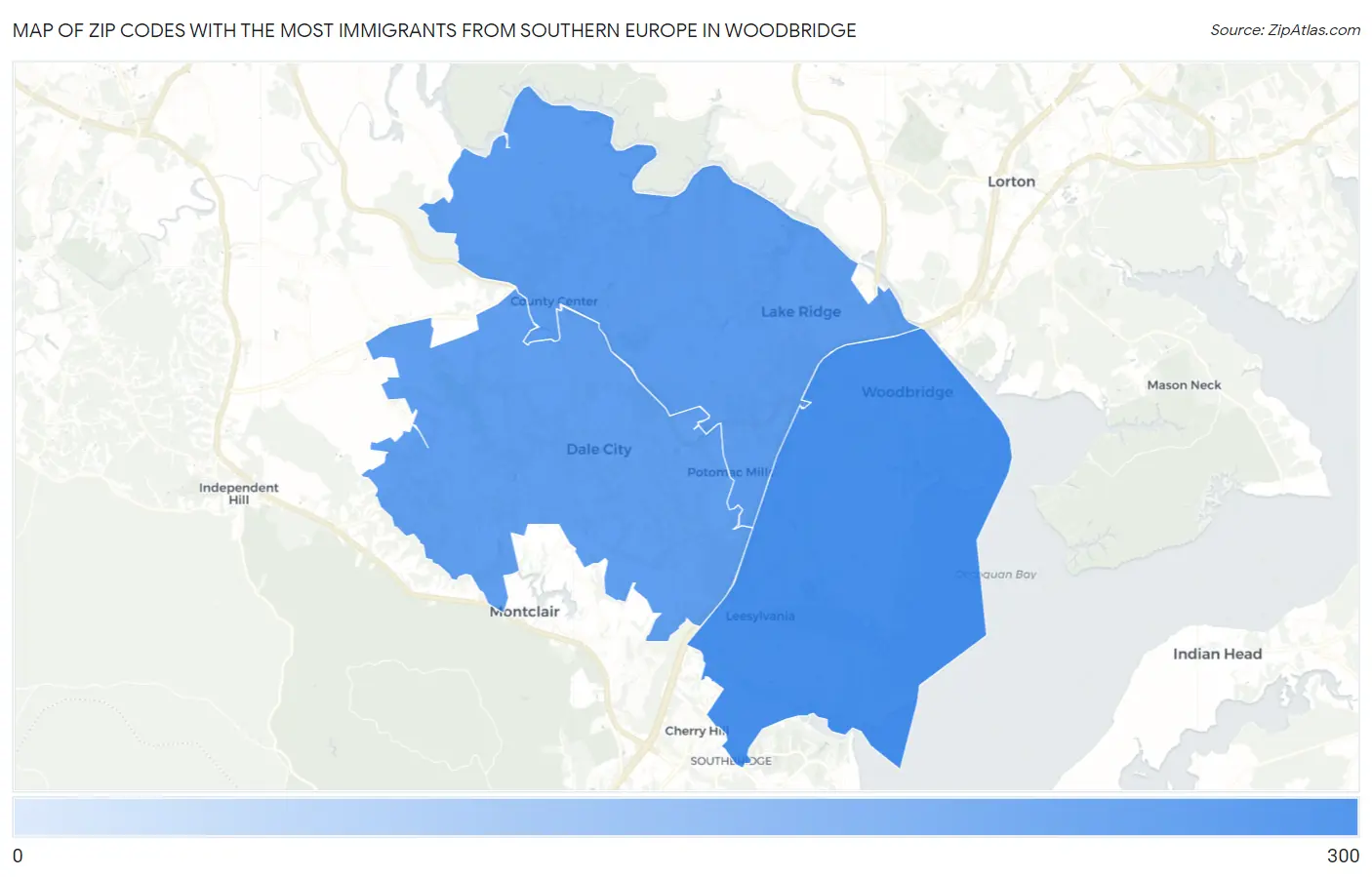 Zip Codes with the Most Immigrants from Southern Europe in Woodbridge Map