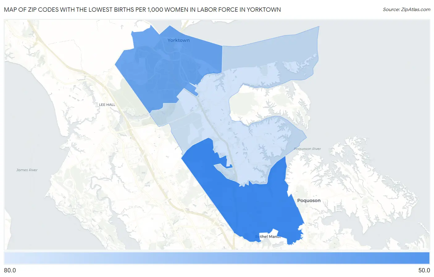 Zip Codes with the Lowest Births per 1,000 Women in Labor Force in Yorktown Map