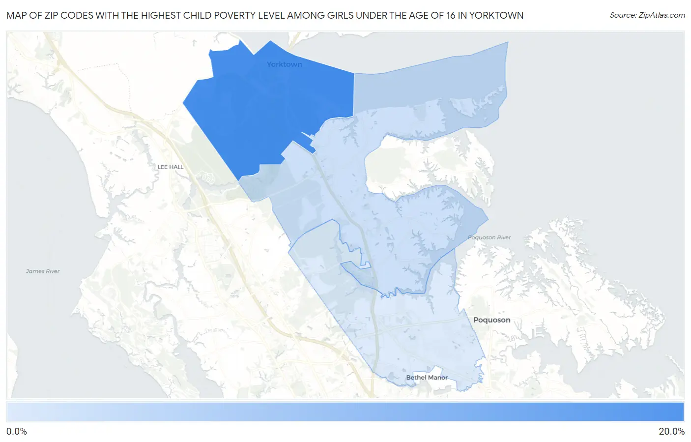 Zip Codes with the Highest Child Poverty Level Among Girls Under the Age of 16 in Yorktown Map