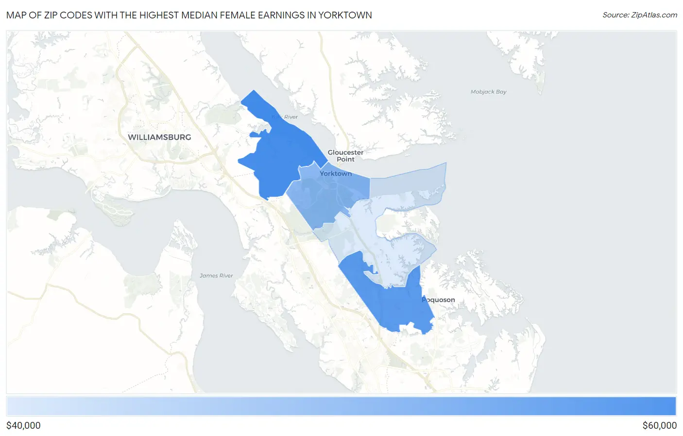 Zip Codes with the Highest Median Female Earnings in Yorktown Map