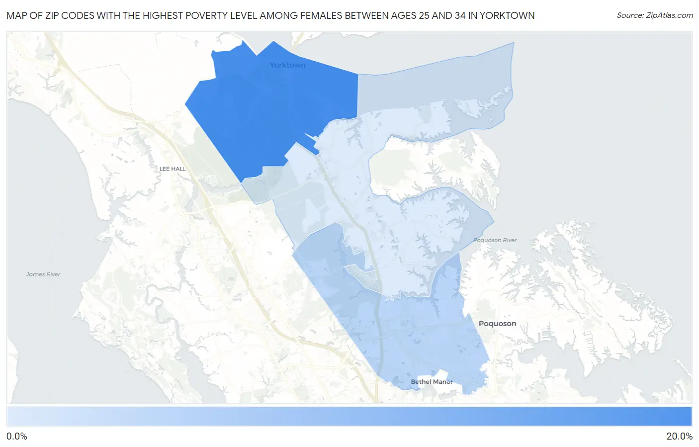 Zip Codes with the Highest Poverty Level Among Females Between Ages 25 and 34 in Yorktown Map