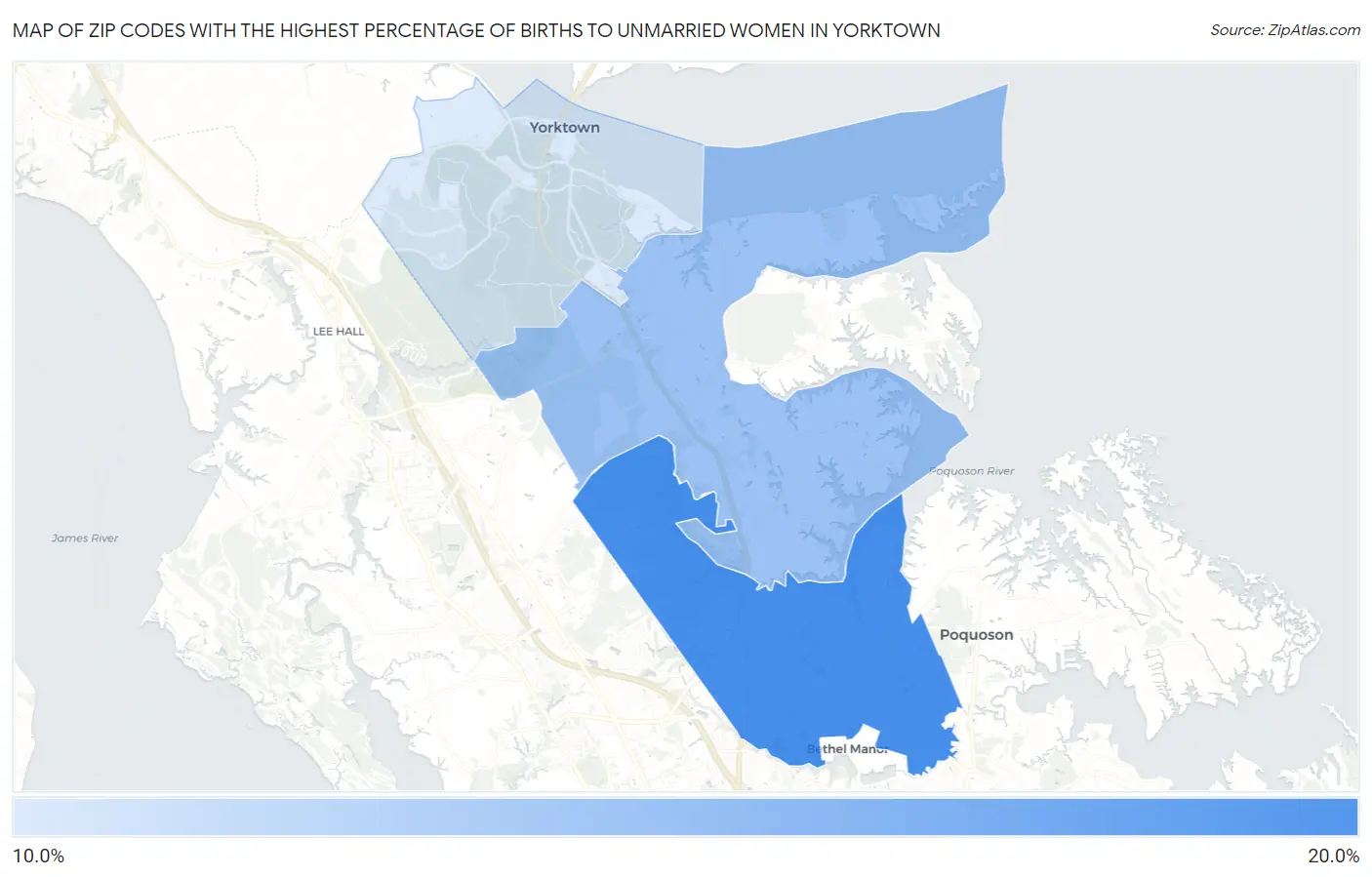 Zip Codes with the Highest Percentage of Births to Unmarried Women in Yorktown Map
